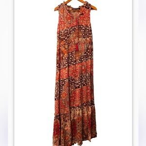 Millennium maxi dress Orange Floral Sleeveless Tassel Tiered Sz L Maxi Dress